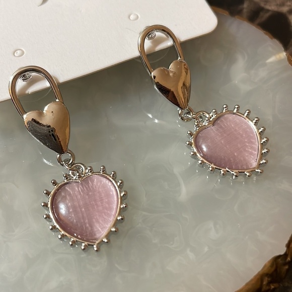 Pink Heart Silver Drop Earrings - Picture 10 of 14